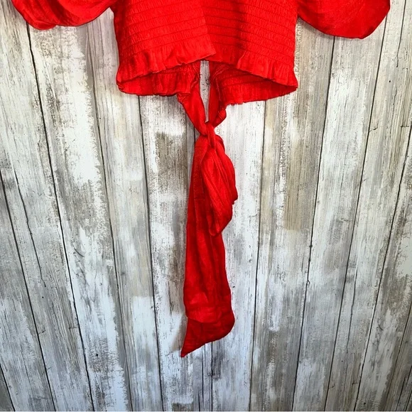 Lulus City Views Red Tie-Back Short Batwing-Sleeve Smocked Top - Picture 7 of 9